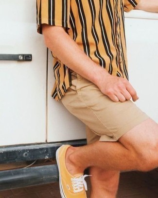 Men's Orange Vertical Striped Short Sleeve Shirt, Tan Shorts, Orange Canvas Low Top Sneakers