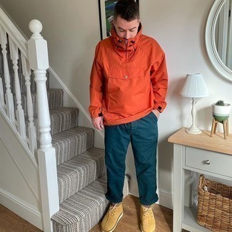Orange Windbreaker Outfits For Men: For relaxed dressing with a contemporary spin, consider pairing an orange windbreaker with teal chinos. And if you wish to instantly rev up your ensemble with a pair of shoes, why not complete your ensemble with a pair of tan suede derby shoes?