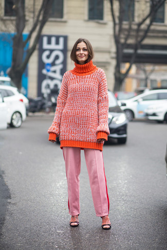 Hot Pink Leather Heeled Sandals Outfits: An orange wool turtleneck and pink dress pants are the perfect base for a variety of combinations. Add a pair of hot pink leather heeled sandals to the equation and the whole look will come together perfectly.