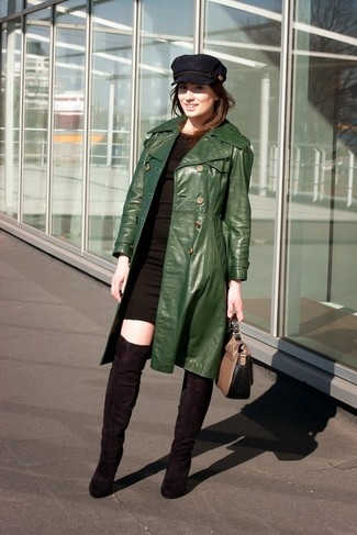 Women's Charcoal Leather Satchel Bag, Black Suede Over The Knee Boots, Black Bodycon Dress, Dark Green Leather Trenchcoat