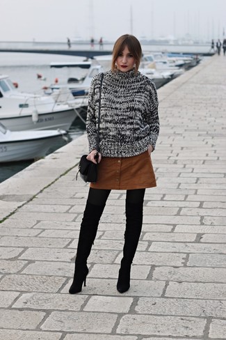 Women's Black Suede Crossbody Bag, Black Suede Over The Knee Boots, Tobacco Suede Button Skirt, Black and White Cable Sweater
