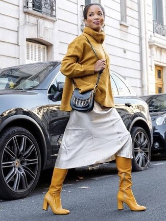 Women's Black Leather Crossbody Bag, Mustard Leather Over The Knee Boots, Silver Cami Dress, Mustard Knit Turtleneck