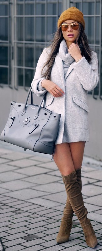 Women's Grey Leather Tote Bag, Brown Suede Over The Knee Boots, Grey Cowl-neck Sweater, Grey Coat