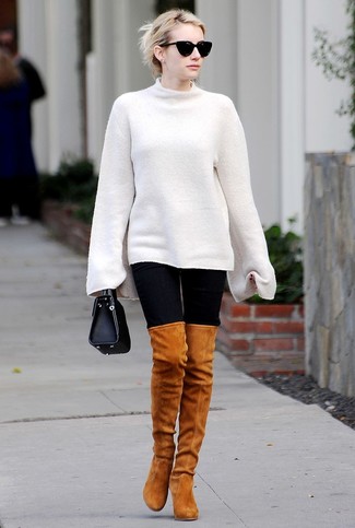 Emma Roberts wearing Black Leather Handbag, Tobacco Suede Over The Knee Boots, Black Leggings, White Oversized Sweater