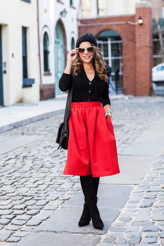 Women's Black Leather Crossbody Bag, Black Suede Over The Knee Boots, Red Pleated Midi Skirt, Black Cardigan
