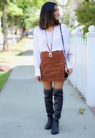 Women's Black Leather Crossbody Bag, Black Suede Over The Knee Boots, Brown Suede Mini Skirt, White Long Sleeve Blouse