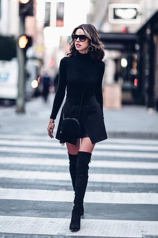 Women's Black Fur Crossbody Bag, Black Suede Over The Knee Boots, Black Mini Skirt, Black Turtleneck