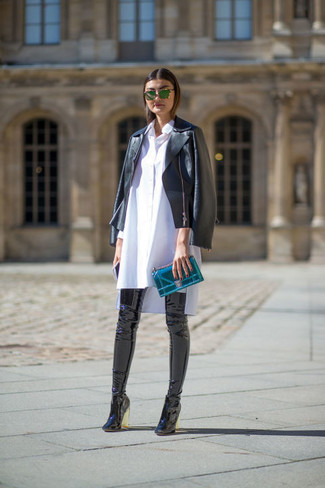 Women's Teal Leather Clutch, Black Leather Over The Knee Boots, White Shirtdress, Black Leather Biker Jacket