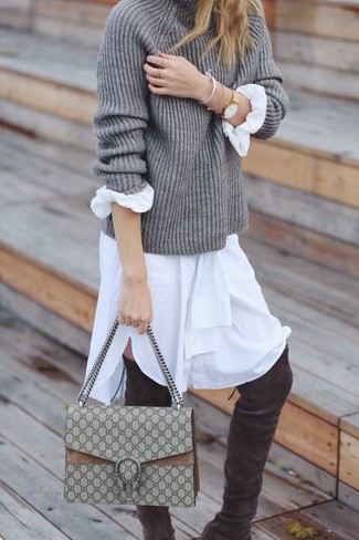 Women's Beige Canvas Satchel Bag, Charcoal Suede Over The Knee Boots, White Shirtdress, Grey Knit Turtleneck