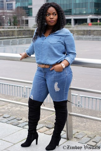Light Blue Denim Button Down Blouse with Black Suede Over The Knee Boots Outfits: 