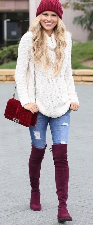 Women's Red Suede Crossbody Bag, Red Suede Over The Knee Boots, Blue Ripped Skinny Jeans, White Cowl-neck Sweater