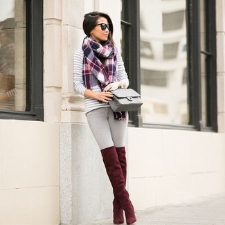 Burgundy Suede Over The Knee Boots Outfits: 