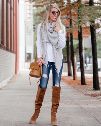 Women's Tobacco Leather Bucket Bag, Tobacco Suede Over The Knee Boots, Navy Ripped Skinny Jeans, White Long Sleeve T-shirt