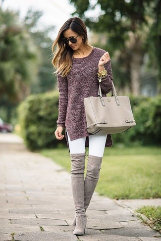 Charcoal Suede Over The Knee Boots Outfits: 