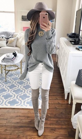 Women's Grey Wool Hat, Grey Suede Over The Knee Boots, White Skinny Jeans, Grey Knit Turtleneck