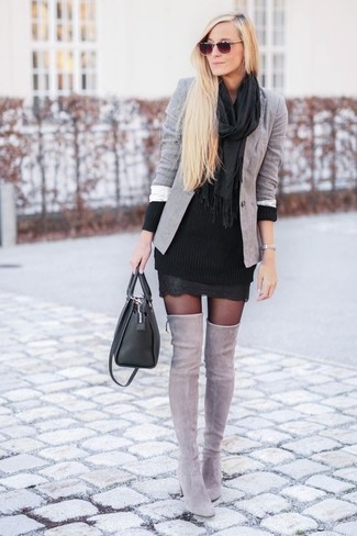 Women's Black Leather Satchel Bag, Grey Suede Over The Knee Boots, Black Knit Sweater Dress, Grey Blazer