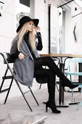 Women's Black Wool Hat, Black Suede Over The Knee Boots, Black Sweater Dress, Grey Coat