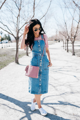 Denim Overall Dress In Mid Wash Blue