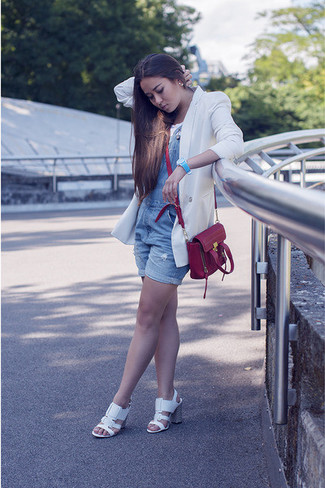 Women's White Leather Heeled Sandals, Blue Denim Overall Shorts, White Crew-neck T-shirt, White Double Breasted Blazer