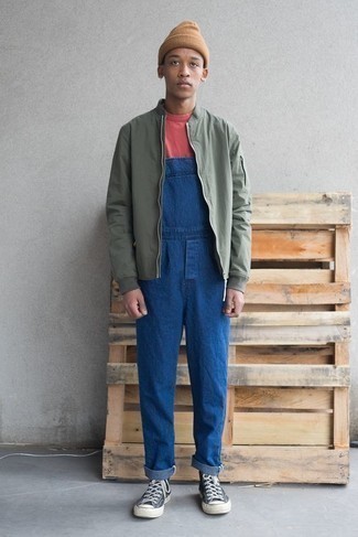 Men's Navy and White Canvas High Top Sneakers, Blue Denim Overalls, Hot Pink Crew-neck T-shirt, Olive Bomber Jacket