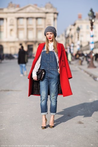 Women's Black and Gold Leather Pumps, Blue Denim Overalls, White Print Dress Shirt, Red Coat