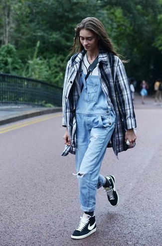 Women's Black and White Suede High Top Sneakers, Light Blue Overalls, White V-neck T-shirt, White and Black Plaid Trenchcoat