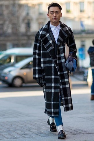 Blue Scarf Outfits For Men: This combination of a black and white plaid overcoat and a blue scarf is definitive proof that a pared down casual ensemble doesn't have to be boring. Let your sartorial savvy really shine by complementing this outfit with a pair of black leather loafers.