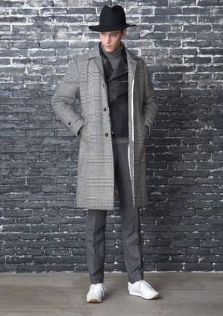 Men's Grey Plaid Overcoat, Black Leather Biker Jacket, Grey Knit Turtleneck, Grey Dress Pants