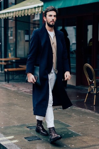 Beige Cardigan Outfits For Men: Step up your off-duty look a notch in a beige cardigan and white chinos. Complete this look with dark brown leather casual boots and the whole outfit will come together perfectly.