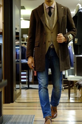 Tan Wool Blazer Outfits For Men: This combination of a tan wool blazer and blue jeans spells rugged sophistication and effortless style. Finishing with a pair of brown leather derby shoes is a surefire way to bring an extra dimension to your outfit.