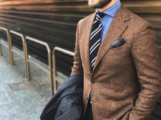 Men's Charcoal Overcoat, Brown Wool Blazer, Blue Chambray Dress Shirt, Black Vertical Striped Tie