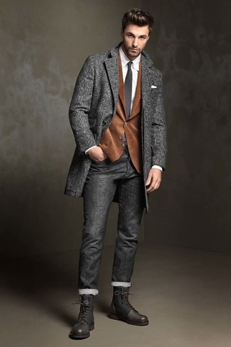 Men's Charcoal Herringbone Overcoat, Brown Corduroy Blazer, White Dress Shirt, Charcoal Jeans
