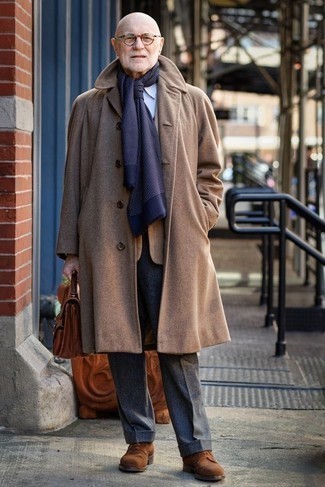 Dark Brown Leather Briefcase Dressy Outfits: This combo of a camel overcoat and a dark brown leather briefcase is proof that a simple casual ensemble doesn't have to be boring. To bring some extra flair to your look, complement this look with a pair of brown suede derby shoes.