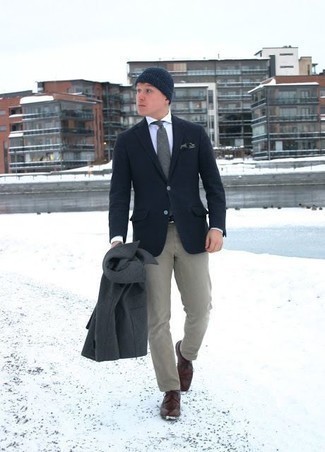 Charcoal Pocket Square Smart Casual Outfits: For a look that's as chill as it can get, rock a charcoal overcoat with a charcoal pocket square. Don't know how to complete this getup? Wear a pair of brown leather derby shoes to up the style factor.