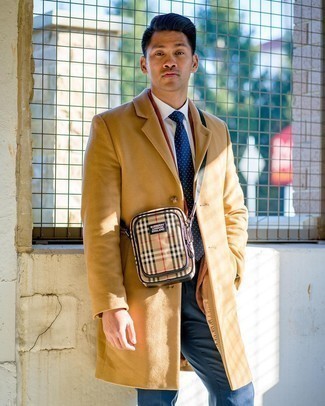 Beige Canvas Messenger Bag Outfits: For an off-duty ensemble with an edgy spin, try teaming a camel overcoat with a beige canvas messenger bag.