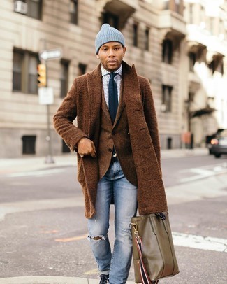 Brown Wool Blazer Outfits For Men: For a laid-back ensemble, try pairing a brown wool blazer with light blue ripped jeans — these pieces play nicely together. Navy suede casual boots are a surefire way to bring an added dose of style to your getup.