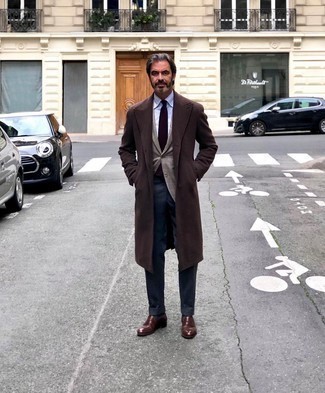 Tobacco Overcoat Outfits: Pair a tobacco overcoat with charcoal dress pants for a seriously classic ensemble. Dark brown leather loafers are a guaranteed way to add a touch of stylish casualness to your outfit.