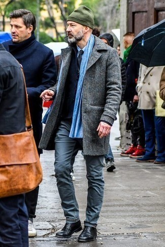 Light Blue Scarf Outfits For Men: You'll be surprised at how extremely easy it is for any gent to pull together a street style ensemble like this. Just a grey overcoat and a light blue scarf. To add a little fanciness to your ensemble, complete this outfit with black leather derby shoes.