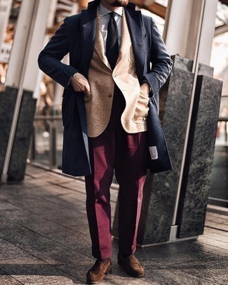 Red Dress Pants Outfits For Men: A charcoal overcoat and red dress pants are essential in a great man's closet. In the shoe department, go for something on the laid-back end of the spectrum and complete this ensemble with dark brown suede loafers.