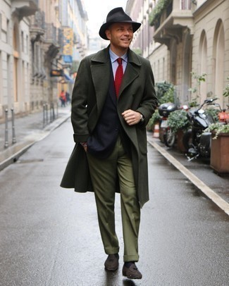 Silver Watch Outfits For Men: A dark green overcoat and a silver watch teamed together are a match made in heaven. Add dark brown suede loafers to the equation to immediately amp up the wow factor of this look.
