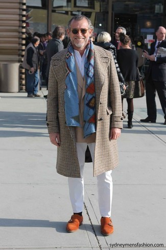 Blue Scarf Outfits For Men: This getup with a camel houndstooth overcoat and a blue scarf isn't hard to pull off and is easy to change. For something more on the sophisticated end to finish off your look, introduce a pair of tobacco suede double monks to the mix.