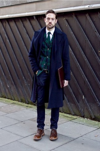 Navy and Green Plaid Blazer Outfits For Men: Hard proof that a navy and green plaid blazer and navy jeans look awesome when worn together in a relaxed casual outfit. To introduce an extra dimension to your outfit, introduce brown leather brogues to your outfit.