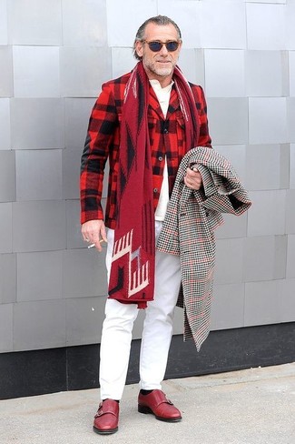 Burgundy Print Scarf Outfits For Men: A black and white gingham overcoat and a burgundy print scarf paired together are a good match. A trendy pair of burgundy leather double monks is the most effective way to punch up this outfit.