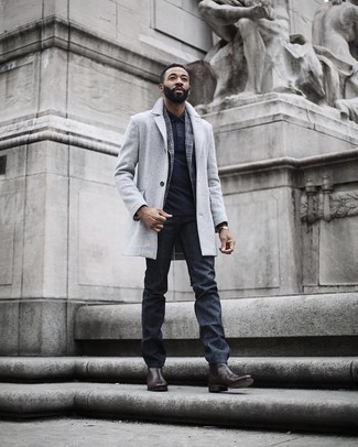 Grey Plaid Blazer Outfits For Men: For a casually stylish outfit, go for a grey plaid blazer and charcoal jeans — these two items fit really well together. Feeling bold today? Switch up this ensemble by finishing off with a pair of dark brown leather chelsea boots.