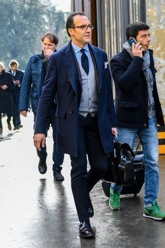Navy Overcoat Outfits: A navy overcoat looks so classy when combined with navy dress pants for an outfit worthy of a dapper gentleman. Does this outfit feel too classic? Enter a pair of black leather double monks to mix things up a bit.