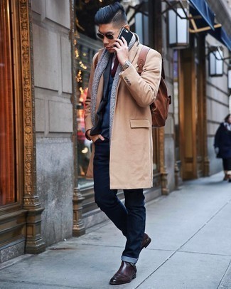 Grey Scarf Outfits For Men: Busy off-duty days require a simple yet casually dapper look, such as a camel overcoat and a grey scarf. Feeling adventerous? Switch things up with dark brown leather chelsea boots.