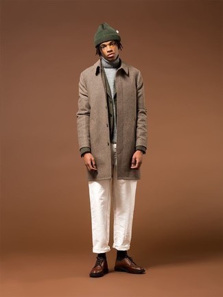 500+ Winter Outfits For Men: Solid proof that a brown overcoat and white chinos are amazing together. Brown leather derby shoes are a surefire way to give an extra touch of refinement to this ensemble. Many believe that just because it is snowing outside you have to sacrifice smart style, but that's just not true, and this outfit is a practical illustration.