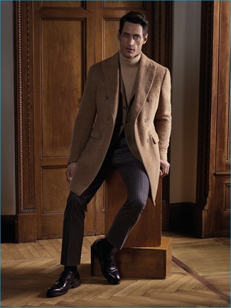 Dark Brown Vertical Striped Dress Pants Outfits For Men: Teaming a camel overcoat and dark brown vertical striped dress pants is a surefire way to breathe style into your closet. Complement this outfit with dark brown leather oxford shoes and the whole ensemble will come together brilliantly.