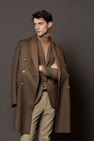 Men's Brown Overcoat, Brown Houndstooth Wool Blazer, Tan Turtleneck, Beige Wool Dress Pants