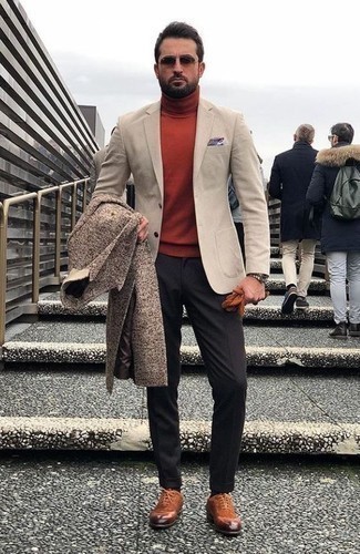 Burgundy Turtleneck Outfits For Men: Look sharp yet practical by opting for a burgundy turtleneck and charcoal chinos. Make a bit more effort now and introduce tobacco leather oxford shoes to the mix.